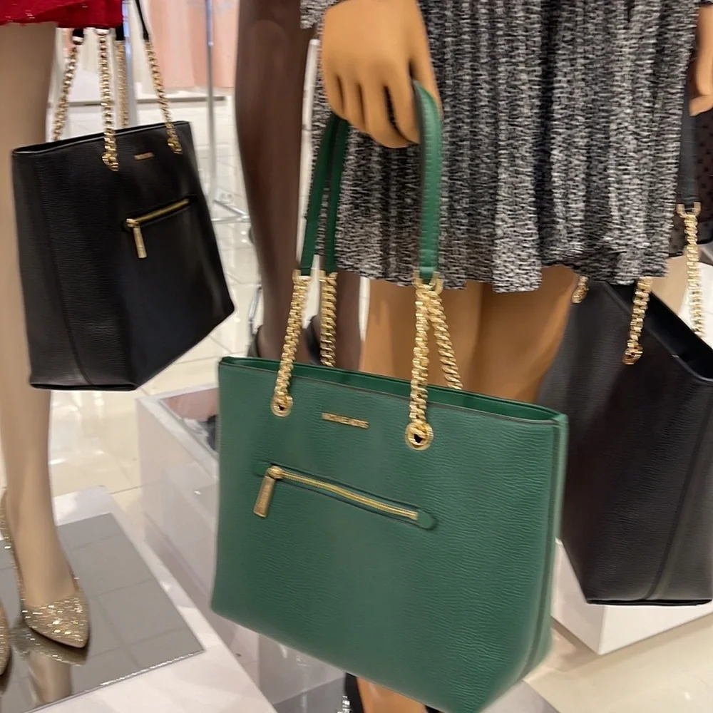 MICHAEL KORS Jet Set Medium Front Zip Pebbled Leather Chain Tote Bag Jewel Green